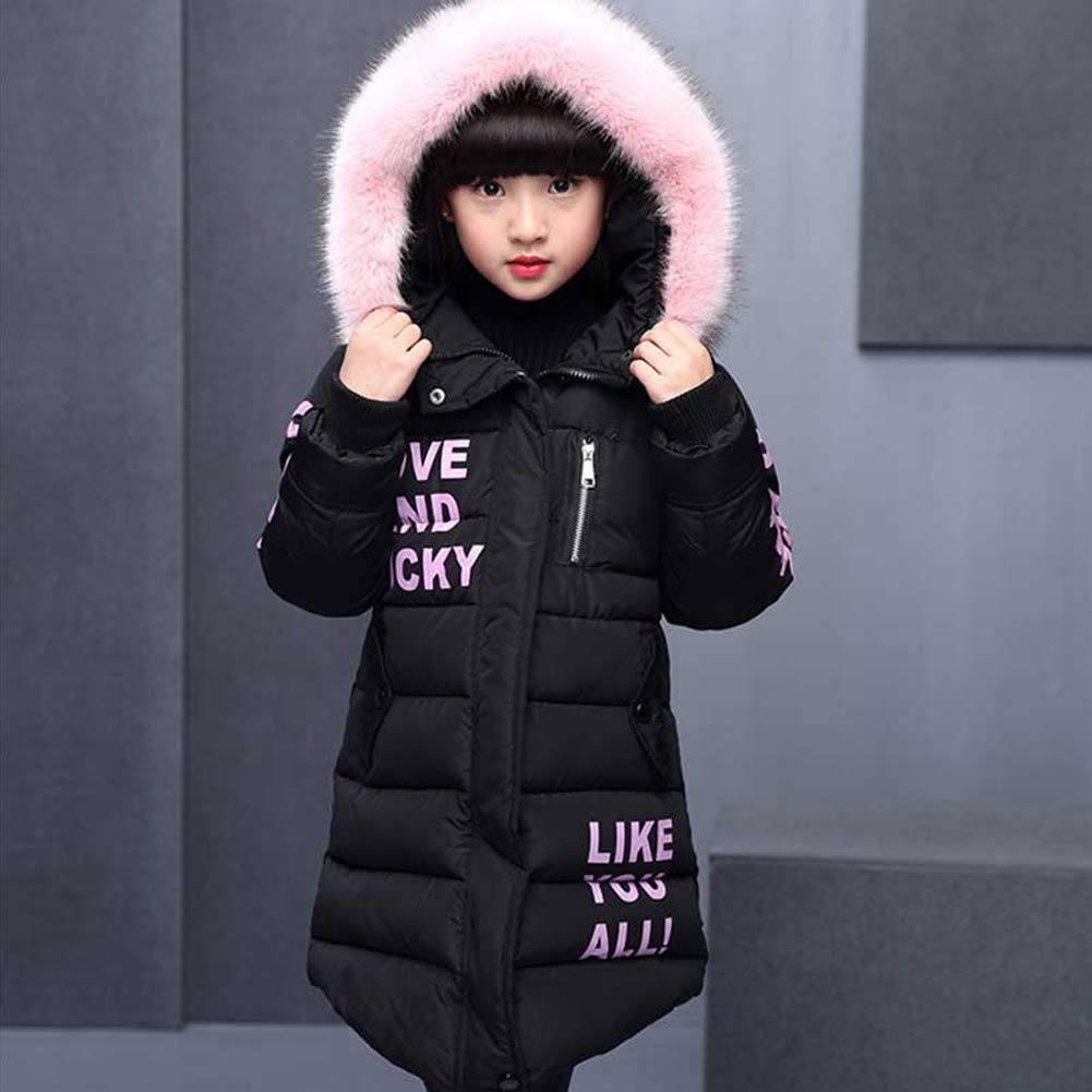 Niñas Abrigo Acolchado de Invierno con Capucha de Pelo Chaqueta Caliente de Algodón con Estampado de Letras
