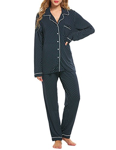 Ekouaer Long Sleeve Pj Set with Pajama Longs with Pj Pants(Dark Blue,Small)