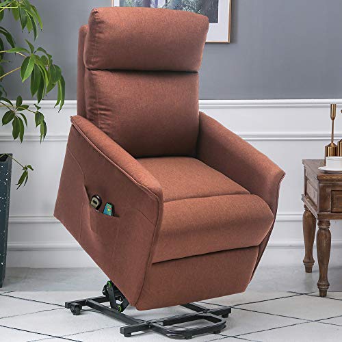ERGOREAL Power Lift Chair Recliners for Elderly Heat&Massage Electric Recliner Lift for Seniors, Small Lift Recliner Linen Fabric with Remote Control, Motorized Single Sofa-Brown