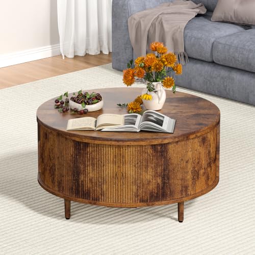 Image of Round Coffee Table, 31.5 inch Fluted Center Table with Storage, Lift-Top Coffee Table with Adjustable Footpads, Sliding Door, Mid-Century Modern Center Table for Living Room, Small Space (Brown)