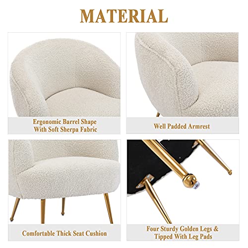 Duomay Modern Accent Chair Armchair Sherpa Upholstered Barrel Chair With Golden Legs Comfy Lounge Chair Single Sofa Armchair Club Chair For Living Room Bedroom Office,White #TOP2