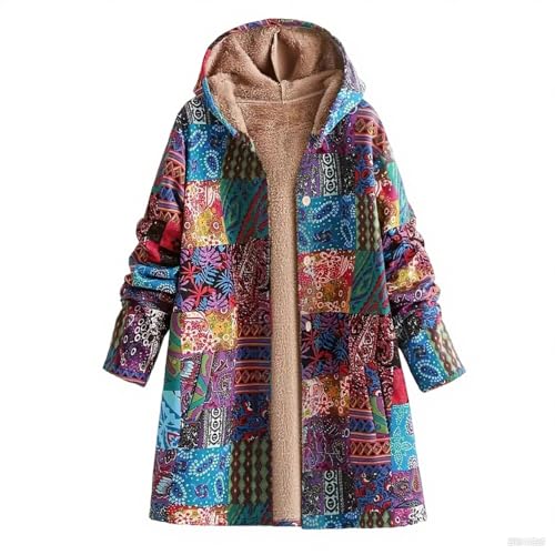 Fleece Jackets for Women 2025 Vintage Ethnic Style Sherpa Lined Coats Winter Warm Button Up Patchwork Hooded Jacket