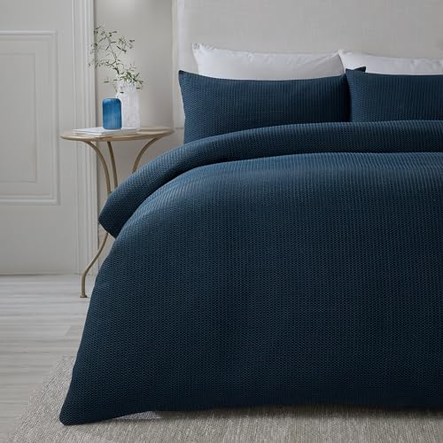Serene Lindly Collection - Copripiumino a nido dape letto king size 230 x 220 cm morbido al tatto motivo a griglie biancheria da quadrata increspata blu scuro