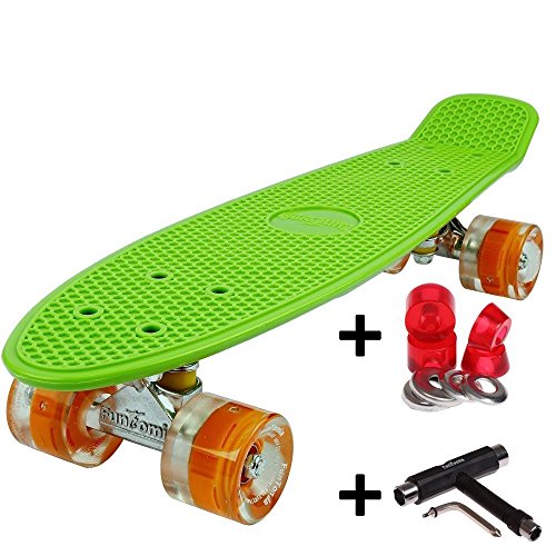 FunTomia Mini Board monopatín Skateboard 57cm - con o sin LED Ruedas - Wheel 59mmx45mm (82A) - Rodamiento ABEC-11 (Verde/naranjado - con LED + T-Tool)
