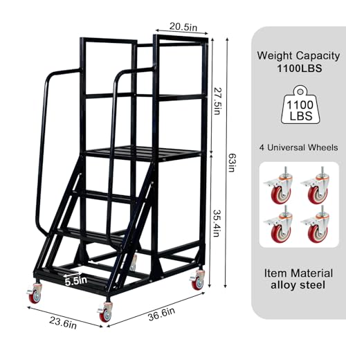 Image of 4 Step Rolling Ladder - Mobile Rolling Stairs with Wheels, Heavy Duty Industrial Safety Non-Slip Metal Rolling Ladders, 1100lbs Capacity, for Warehouse, Garage, Supermarket