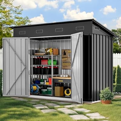 DWVO 8.5' x 3.5' Outdoor Storage Shed, Lockable Double Doors, Sloped Roof, Heavy-Duty Steel Shed for Garden & Patio, Large Backyard Tool Organizer, Dark Gray