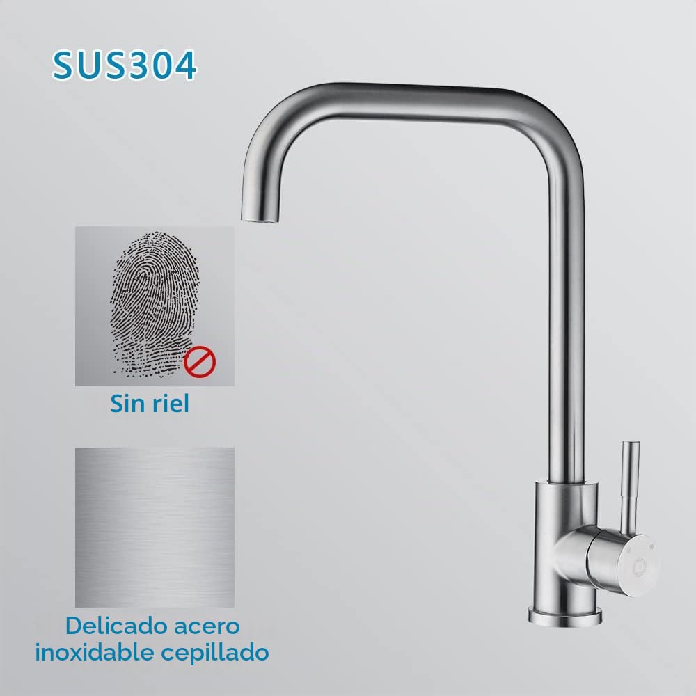 CECIPA Grifo Cocina con Caño Alto,Grifos Cocina Fregadero Giratorio 360°,Torneira Cozinha Agua Caliente y Fría de Acero Inoxidable 304,Resistente a la Corrosión Torneira monomando cozinha, Cepillado