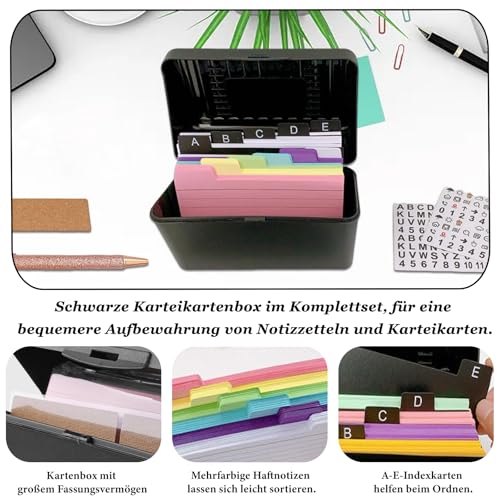 Karteikasten Schwarz, 14,5 x 8 x 9 cm Lernkarteibox, Karteibox Lernbox Set, Lernkarten Box für Unterwegs, 230 Karteikarten Bunt Liniert, 15 Register, 6 Ringen, 6 Aufkleber, für Notizen Schulsachen