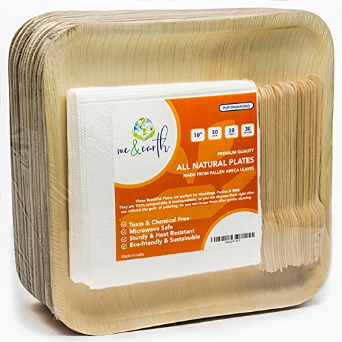 Premium Quality Bamboo Style Plates 10-Inch Disposable Square Palm Leaf Plate Set (90 Pack) Includes 30 6-Inch Birch Wood Forks and 30 Napkins - Eco-Friendly Biodegradable, Compostable Plates Premium Quality Bamboo Style Plates 10-Inch Disposable Square Palm Leaf Plate Set (90 Pack) Includes 30 6-Inch Birch Wood Forks and 30 Napkins - Eco-Friendly Biodegradable, Compostable Plates
