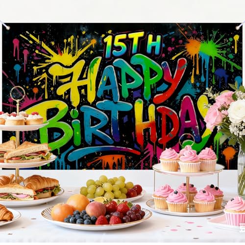 Image of Nuxovilar 15th Birthday Banner Polyester Graffiti Backdrop Decor 71 inchx43 | Happy Birthday Banner Splatter Sign, Street Hanger, party photo background, wall hanging decor, yard lawn porch