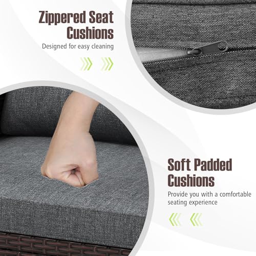 Image of Tangkula 3 Pieces Patio Furniture Set, PE Rattan Wicker 3 Pcs Outdoor Sofa Set w /Washable Cushion and Tempered Glass Tabletop, Conversation Furniture for Garden Poolside Balcony (Grey)