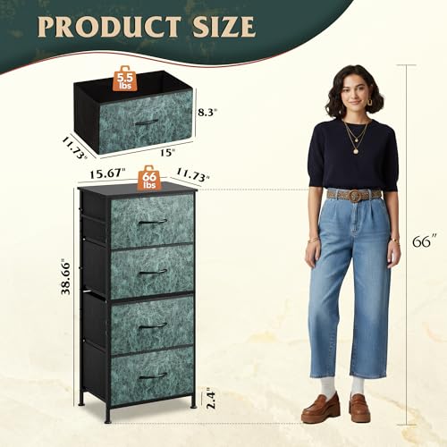 Image of WLIVE Dresser with 4 Drawers, Storage Tower, Organizer Unit, Fabric Dresser for Bedroom, Hallway, Entryway, Closets, Sturdy Steel Frame, Wood Top, Easy Pull Handle, Vintage Green