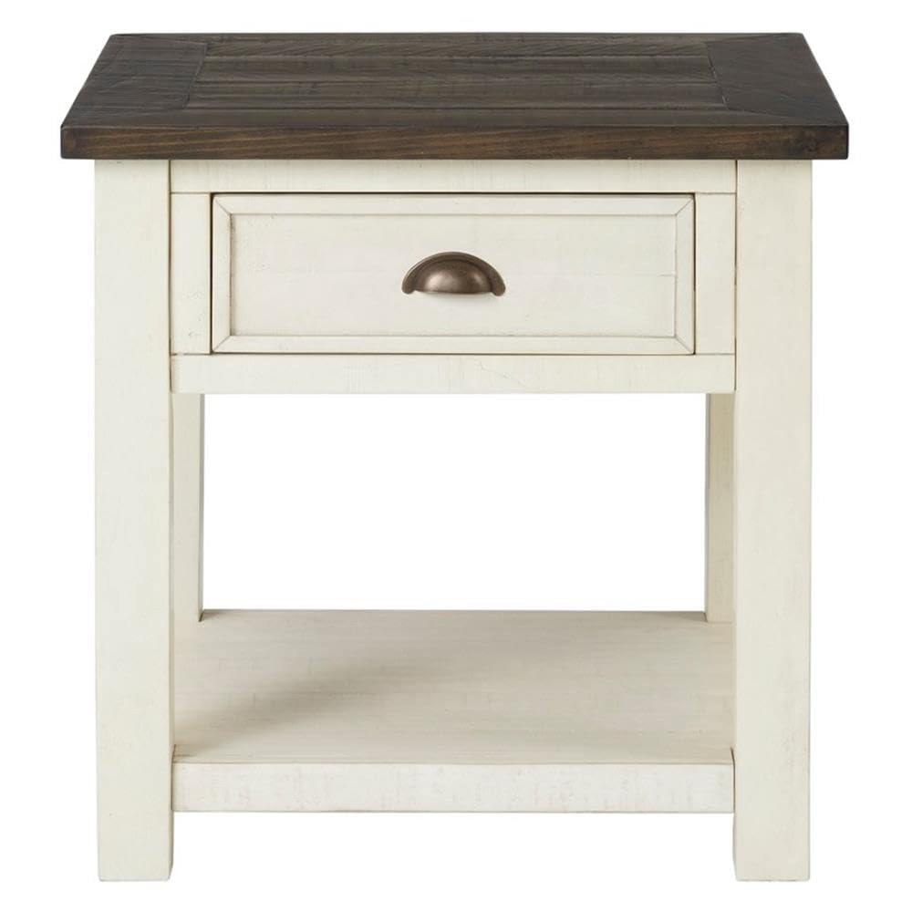 Monterey Farmhouse Rustic End Table, Solid Pine Wood Coastal Side Table with Drawer and Shelf. Cream White and Brown.