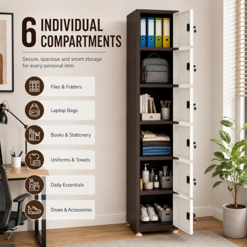Image of Amazon Brand - Solimo Vertical 6-Door Brown Steel Locker, Heavy-Duty Multi-Purpose Storage Cabinet for Gym School Office & Staff Rooms, Secure Metal Compartments for Clothes Bags, Uniforms & Valuables