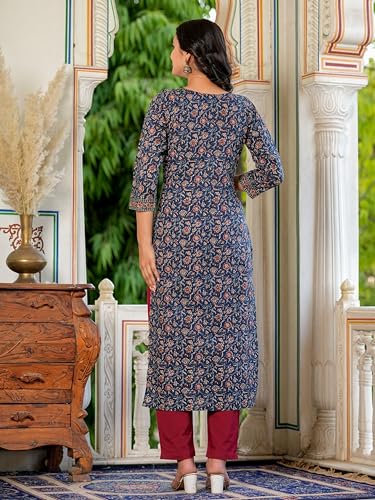 Image of Vbuyz Women Floral Print with Yoke Details Straight Cotton Stitched Kurta