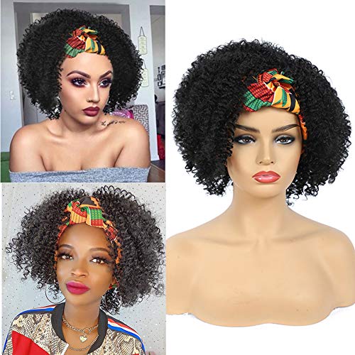 Alimiriam Afro Curly Headband Wigs 2 in 1 for Black Women High Puff Headband Wigs with Bangs Afro Kinky Curly Wigs for Black Women Synthetic Short Curly Headwrap Turban Wigs (J284)