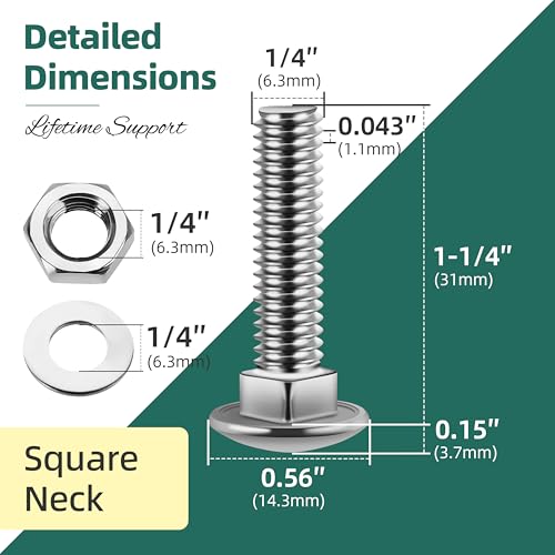 Image of (24 Sets) 1 /4-20 x 1-1 /4 Carriage Bolts with Nuts and Washers, 304 Stainless Steel Round Head Square Neck 1 /4 Carriage Bolts Screws, Full Thread for Outdoor