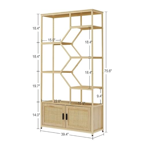 Boho Style Rattan Bookshelf, 5 Tiers Bookcases Storage Rack With Cabinet,Freestanding Bookcases With Adjustable Feet For Living Room Home Office #TOP1