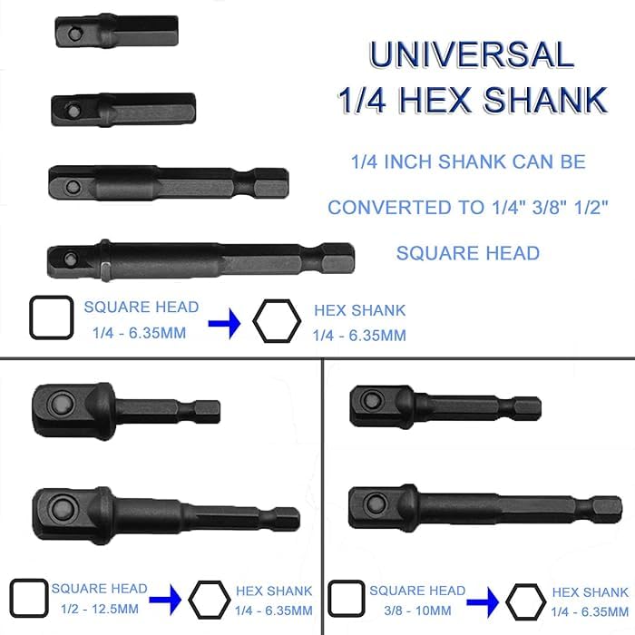 Image of AASONS 8Pcs 1 /4 inch 3 /8 inch 1 /2 inch Socket Adapter /Extension Set Impact Square Hex Shank For Drill CR-V Quick Change Nut Driver Socket Bit Set Adapters To Use With Drill Chucks Or Screw Impact Drivers