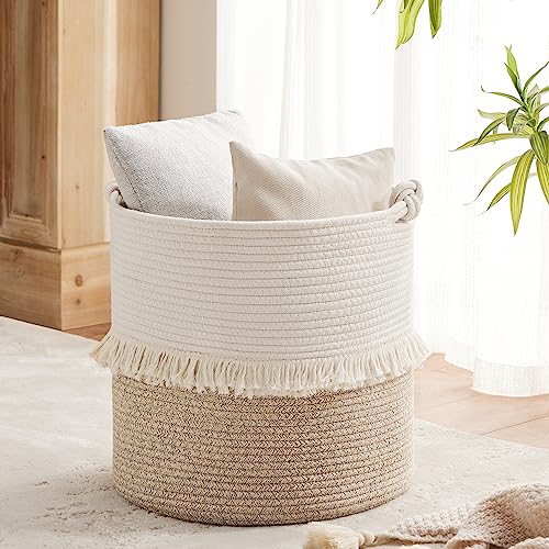 Image of YOUDENOVA Woven Rope Storage Basket, Baby Nursery Hamper for Toy and Clothes, Decorative Blanket Basket with Knot Handles and Tassel, Boho Laundry Hamper for Living Room, 15.7" x 16.9", White & Brown