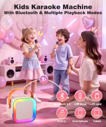 Mini Kids Karaoke Machine Ages 3-12, Wireless Mics Bluetooth Speaker, Pink - Image 3