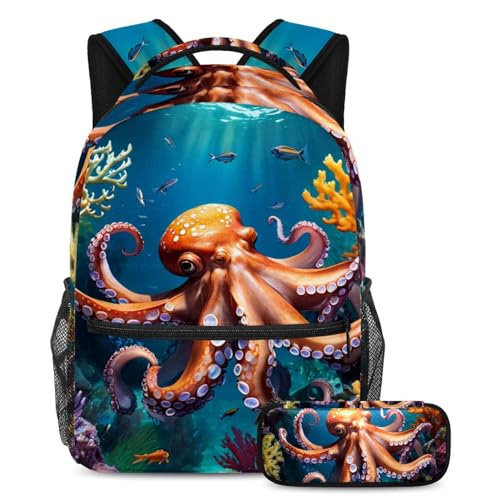 Ensemble sac à dos école et trousse pieuvre pour fille et garçon