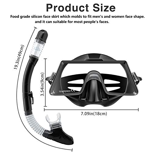Snorkel Set Adult,Snorkeling Set with Panoramic Snorkel Mask Diving Goggles,Dry Top Snorkel and Adjustable Fins,Scuba Diving Snorkeling Mask for Men Women
