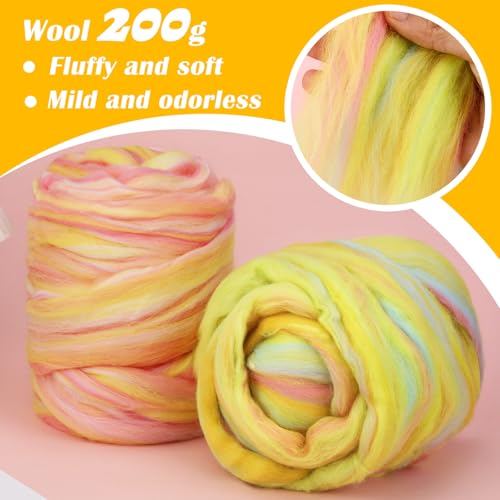 Image of Wool Roving 7.02oz Colored Natural Needle Felting Wool Bulk for Spinning, Arm Knitting Blanket, Wet Felting, Handcrafts, Yarn Roving for DIY Craft Materials(Mint Cream Ombre)