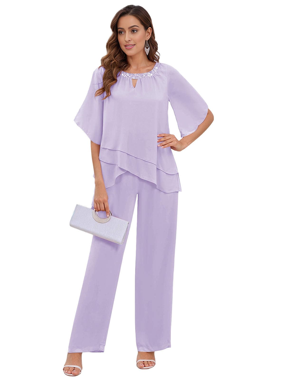 BONOYUER 2 Pieces Mother of the Bride Pant Suits for Women Dressy Chiffon Wedding Guest Outfits with Sleeves