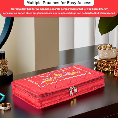 Image of Amazon Brand - Solimo Cotton Blend Embroidery Jewellery Kit cum Pouch, Red