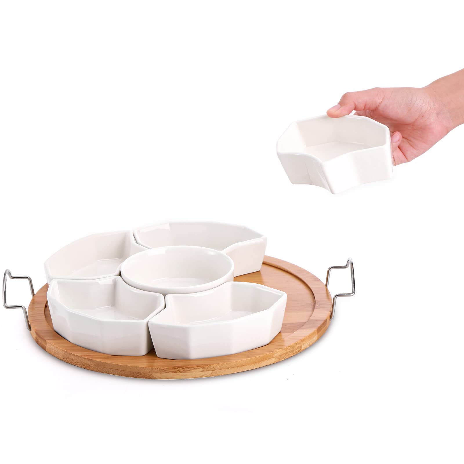 ZENFUN Plateau de Service et Plateau de 27,9 cm avec Plateau en Bambou, 6 Compartiments Amovibles, pour Frites, Fruits, Condiments