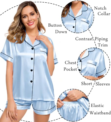 Image of LecGee Womens Silk Satin Pajamas Short Sleeve Loungewear Two-Piece Sleepwear Button-Down Pj Set