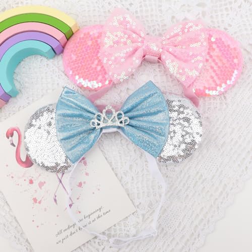 Image of DRESHOW Minnie Ears Headbands Mouse Ears Sequin Bow Headbands Elastic Adjustable Headband Glitter Party Decoration Cosplay Costume for Women