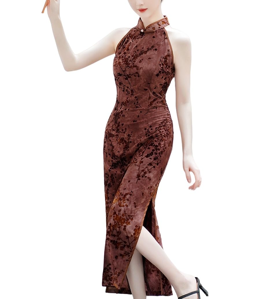 Vestido Largo Chino Qipao para Mujer, Cuello Halter, Sin Mangas, Cheongsam, Elegante, Maxi, para Invitadas De Boda, Cóctel, Fiesta De Noche, Vestido De Graduación
