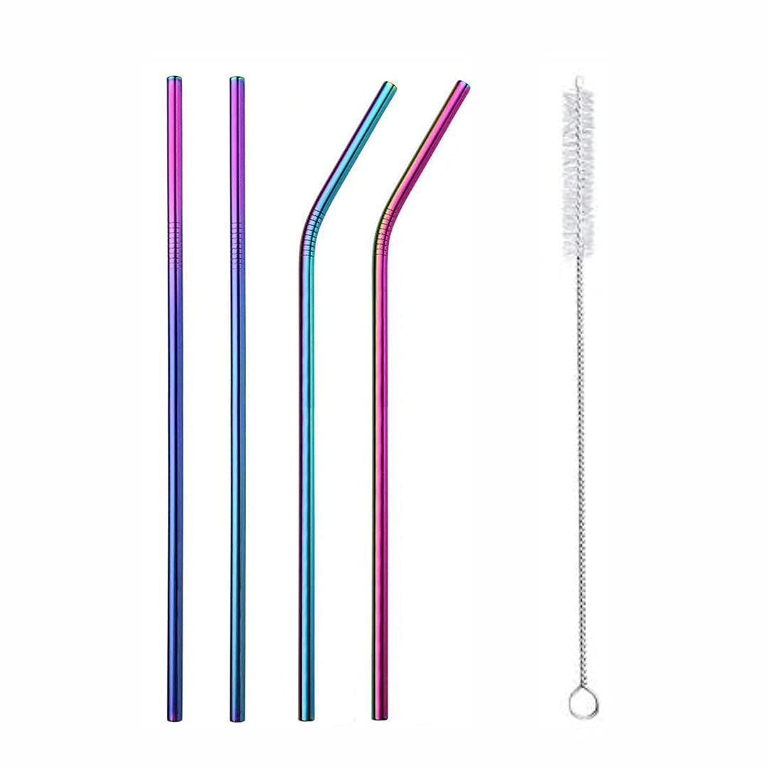 MORE BUY Reusable BPA-Free Metal, Thick, Long, Dishwasher Safe Stainless Steel Drinking Straws, 8.5 Inches (2 Straight + 2 Bent + 1 Brush (Set of 5 Rainbow)-image-0