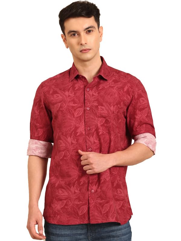 Image of Cavallo by Linen Club Men's Blended Linen Red Printed Contemporary Fit Full Sleeve Casual Shirt