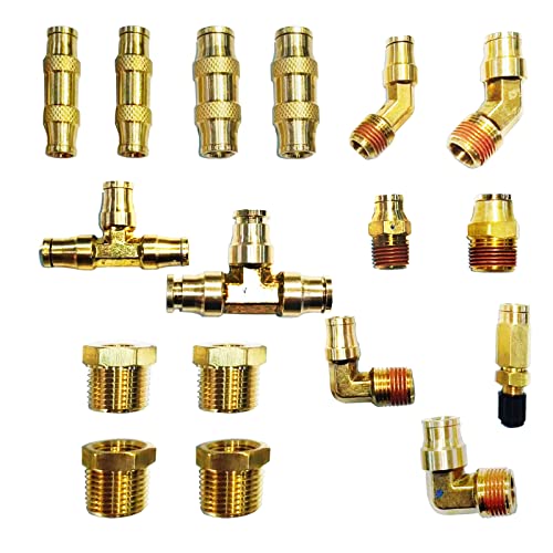 Tl Toolegin Air Hose Fittings Kit 1/4" 3/8" Push To Connect Fittings Air Line Fittings Air Brake Repair Kit With Brass Reducers Brass Quick Connect Dot Air Fittings 17Pcs #TOP13
