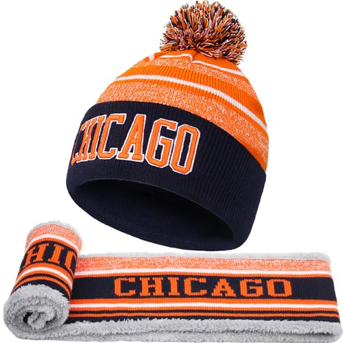 Chicago Winter Beanie Hat Circle Scarf Set Warm Football Knit Beanie Hat Neck Warmer Scarves Stylish Pom Pom Beanie Cap Winter Gifts for Sport Fans with Stickers
