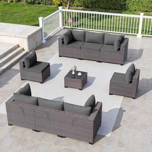 Image of 9 Pieces Outdoor Sectional Furniture All Weather PE Rattan Wicker Patio Conversation Set with Coffee Table and 8 Thickened Cushions,Grey