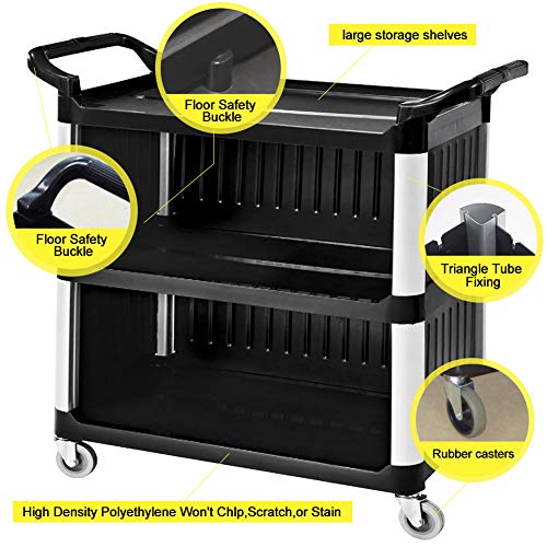 SHANGPEIXUAN Commercial Service Carts Heavy Duty 3 Shelf Plastic Utility Cart for Transporting Food, Dishes, or Janitorial Supplies(Black 40 x 19.6)