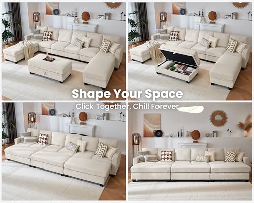 Image of CHIC HOUSE Modular Sectional Couch| Corduroy L Shaped Sleeper Sofa, U-Shape Sofa Bed Convertible Chaise with Storage Ottoman for Living Room Modern Furniture (Beige, 12 Seater Sleeper)