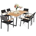 Tangkula 7 Pieces Outdoor Dining Set, Patented Patio Furniture Set w/Large Rectangle Acacia Wood Table Top, Rattan Chairs with Steel Frame, Umbrella Hole, for Backyard Garden