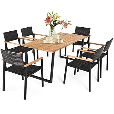 Tangkula 7 Pieces Outdoor Dining Set, Patented Patio Furniture Set w/Large Rectangle Acacia Wood Table Top, Rattan Chairs with Steel Frame, Umbrella Hole, for Backyard Garden