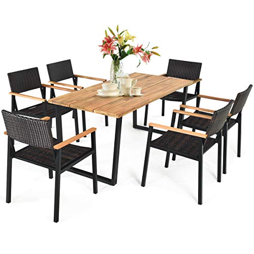 Tangkula 7 Pieces Outdoor Dining Set, Patented Patio Furniture Set w/Large Rectangle Acacia Wood Table Top, Rattan Chairs with Steel Frame, Umbrella Hole, for Backyard Garden