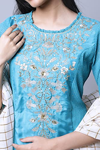 Image of Aurelia Women Solid Silk Kurta Set with Palazzo & Dupatta