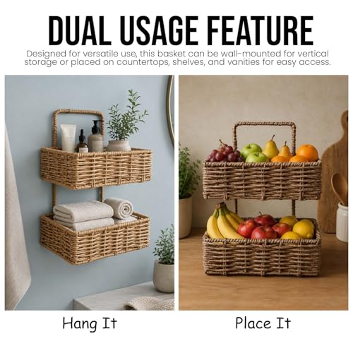 Image of Amazon Brand - Umi Handwoven Raffia Wall Hanging 2 Tier Storage Basket Organizer with 2 Self Adhesive Hooks & 4 Hooks Natural Wicker Shelf Basket for Bathroom Living Room Office (26x18.5x34 cm)