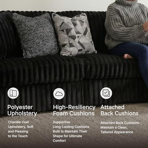 Image of Signature Design by Ashley Midnight-Madness 2-Piece Sectional Sofa with Chaise, Quick 5-Minute Assembly, L-Shaped Polyester Corduroy Couch for Living Rooms, 120 inch W x 65 inch D, Onyx Black