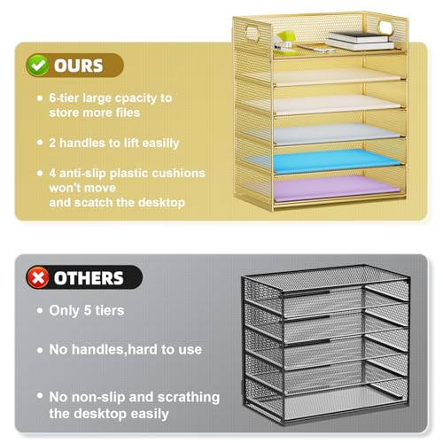 Image of Marbrasse 2 Pack Desk Organizer with Handle, 6 Tier Paper Letter Tray, Mesh Desk File Organizer for Office, School and Home - Gold