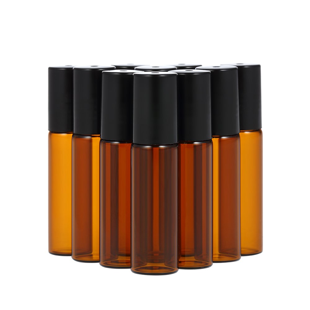 Anself 10 Pcs 10ml Essential Oils Bottles Amber Glass Roll-on Bottles Stainless Steel Roller Ball Essential Oil Jar with 3ml Dropper