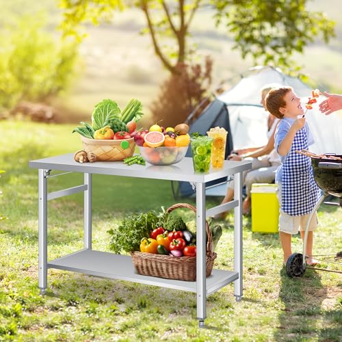 Folding Stainless Steel Table (48x24 in) - Commercial Work Table with Undershelf, 920 lbs Load, Foldable Double-Tier Stainless Steel Workstation for Home, Kitchen, Restaurant, Garage, Camping, Outdoor